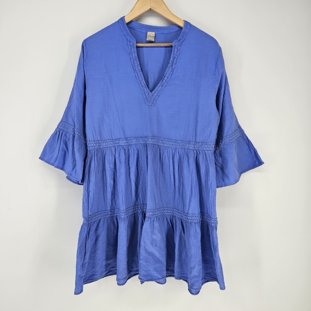 Blanco By Nature Dress Large Blue Tiered Lace Trim Boho Bell Sleeve Mini Beach